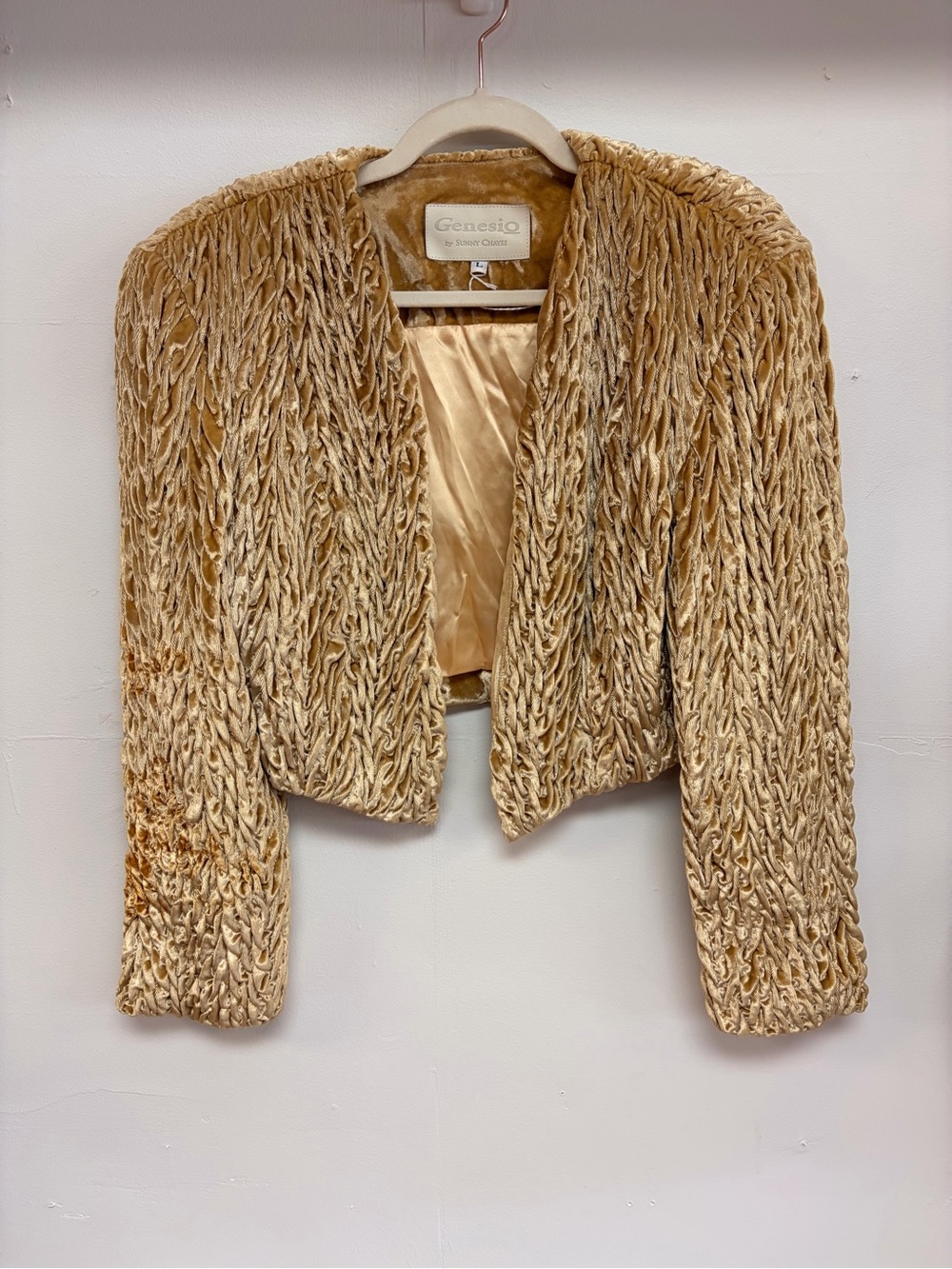 Genesio by Sunny Chayes golden crushed velvet ruched bolero jacket